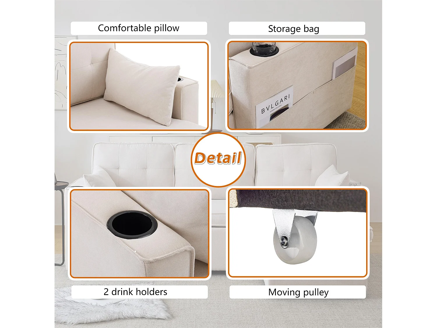 Sofá convertible de 3 plazas - de algodón - con cómoda y portavasos - Beige