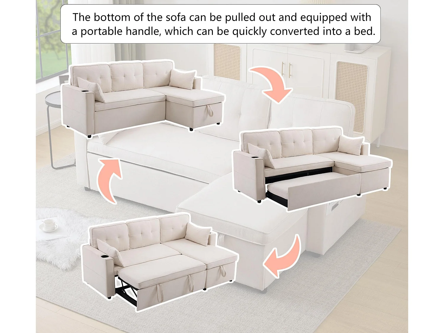 Canapé 3 places convertible - en coton - avec coffre et porte-gobelet - Beige