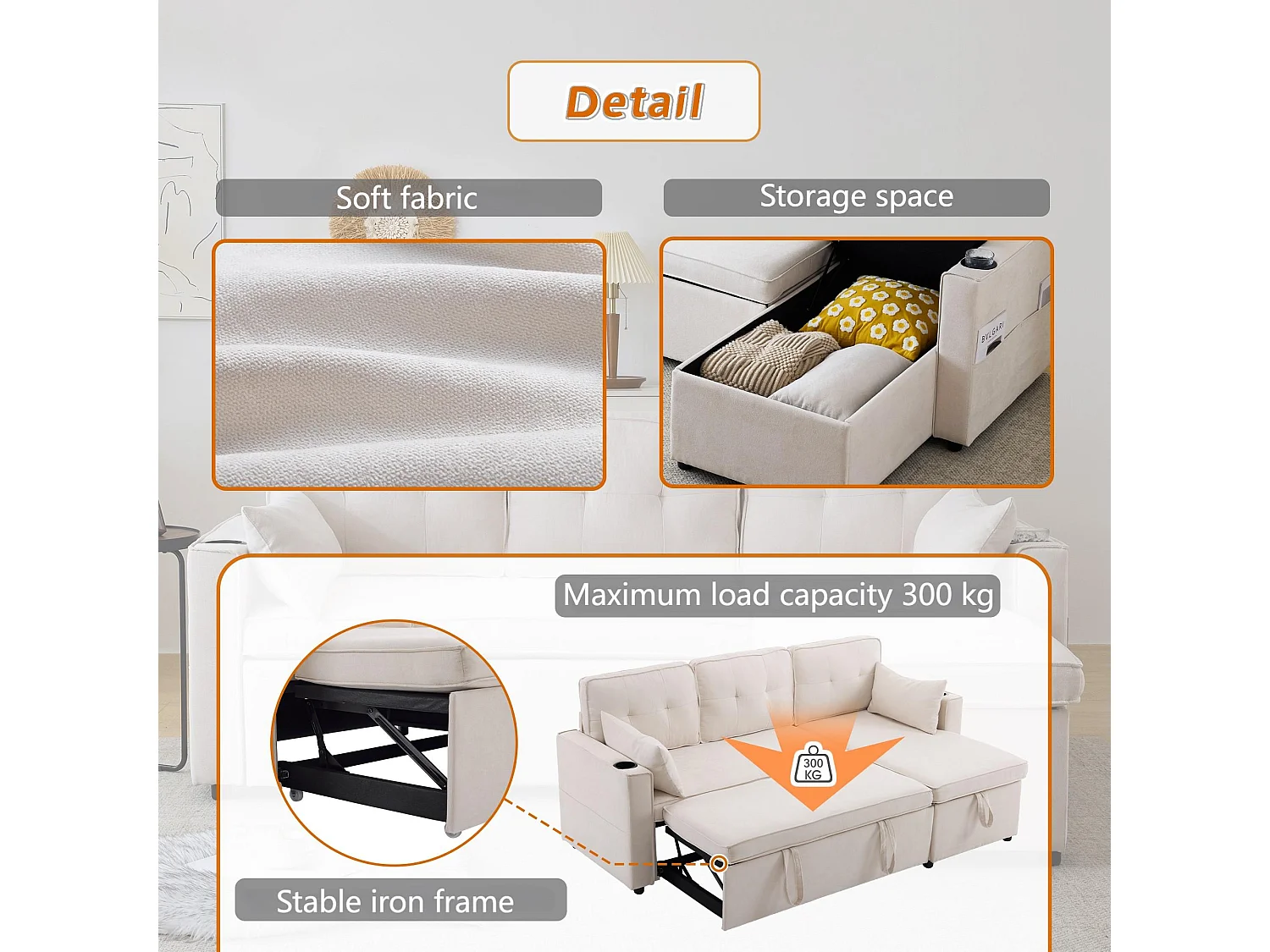 Canapé 3 places convertible - en coton - avec coffre et porte-gobelet - Beige