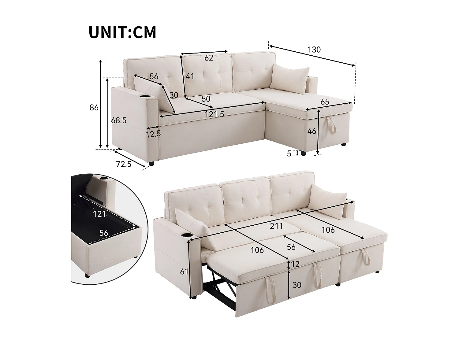 Canapé 3 places convertible - en coton - avec coffre et porte-gobelet - Beige