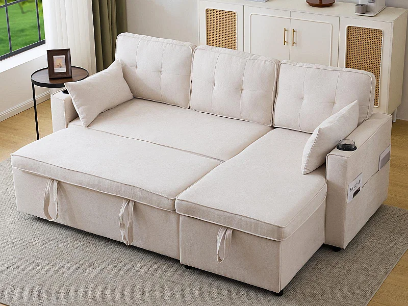 3-Sitzer-Umwandelsofa – aus Baumwolle – mit Truhe und Getränkehalter – Beige