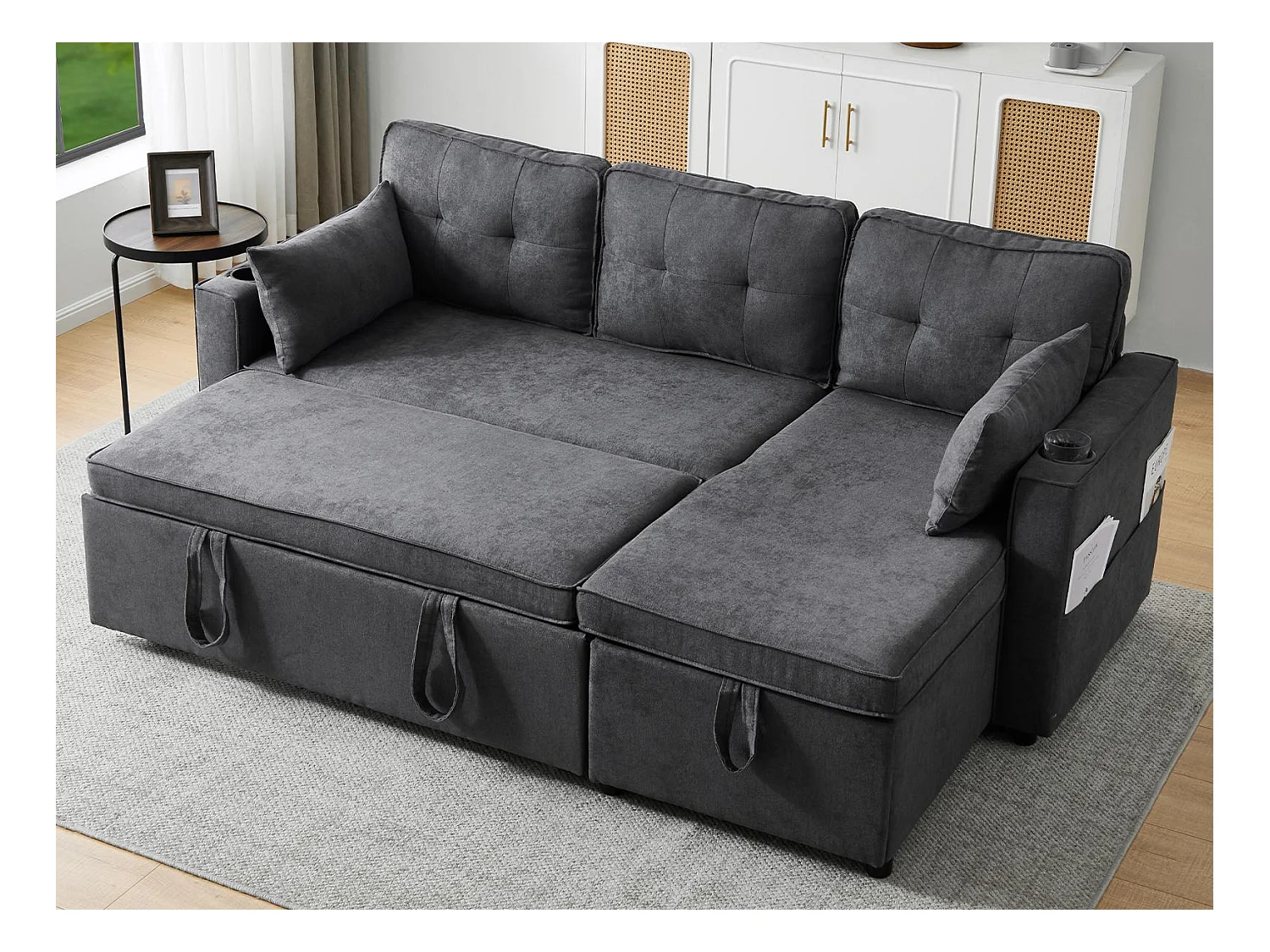 Canapé 3 places convertible - en coton - avec coffre et porte-gobelet - Gris