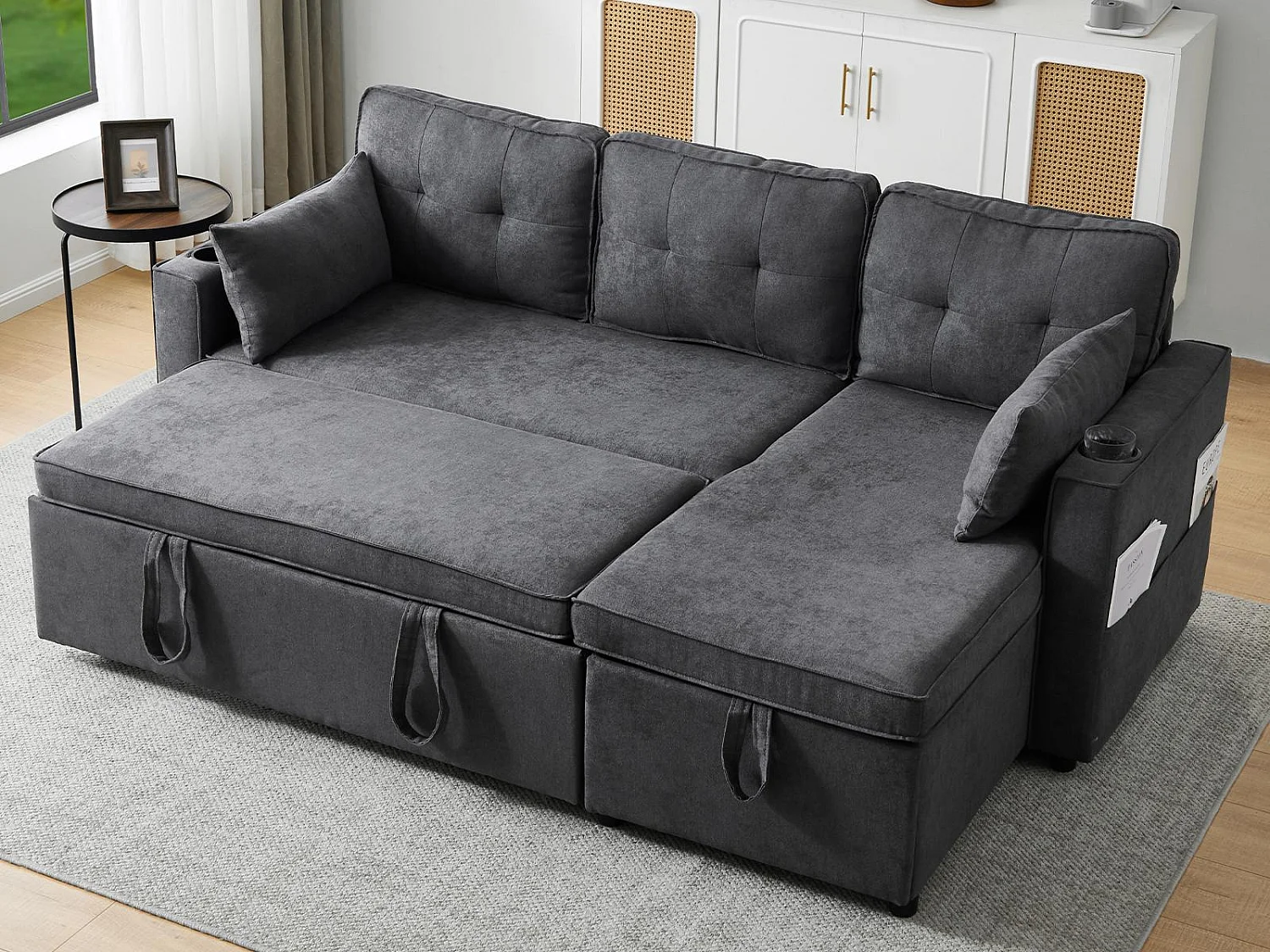 Canapé 3 places convertible - en coton - avec coffre et porte-gobelet - Gris