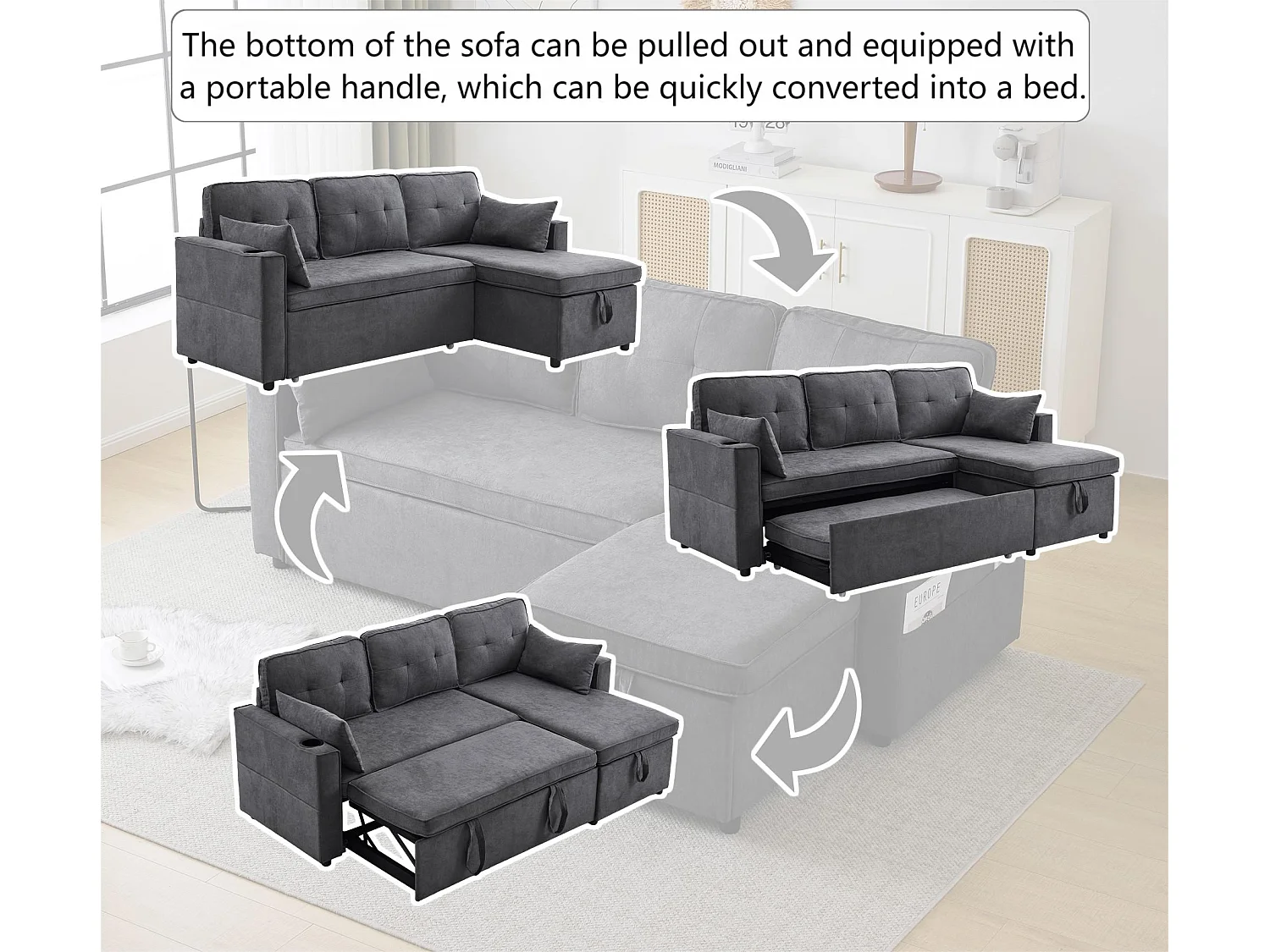 Canapé 3 places convertible - en coton - avec coffre et porte-gobelet - Gris