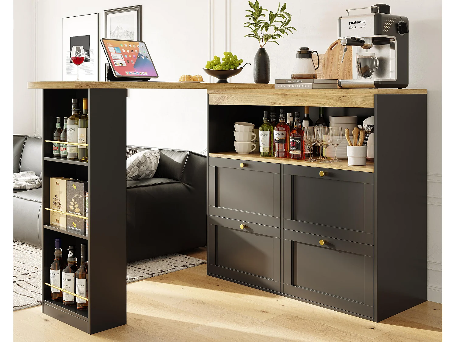 Sideboard, drehbarer und ausziehbarer Barschrank – 4 Schubladen und 4 Fächer – Schwarz