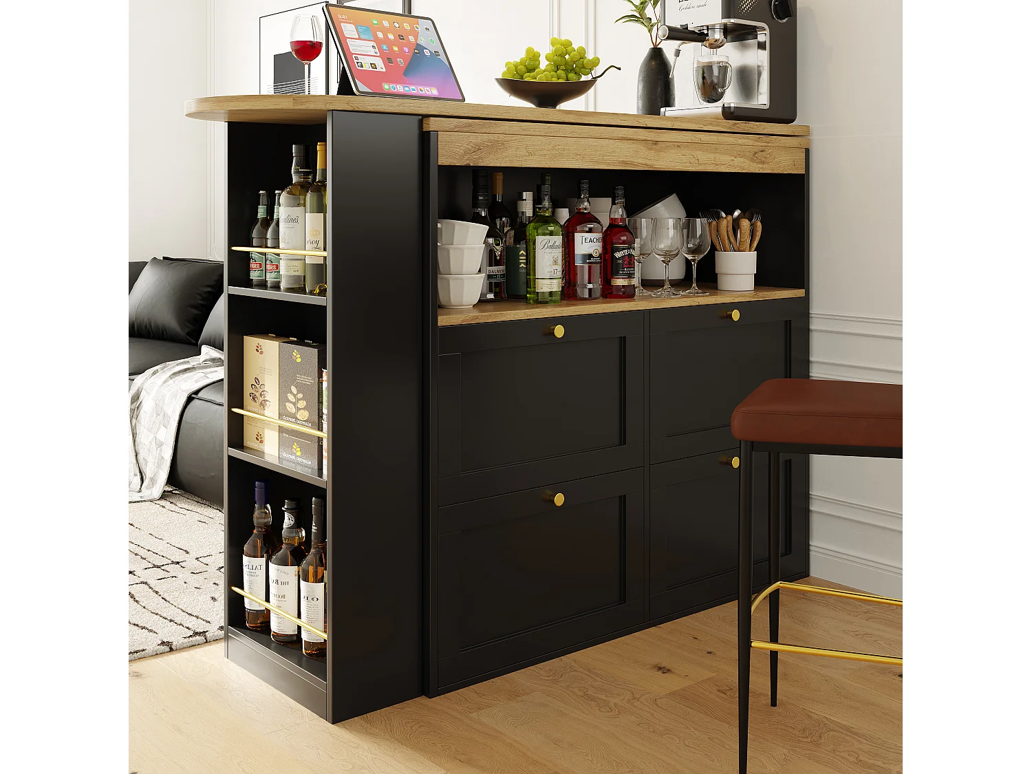 Sideboard, drehbarer und ausziehbarer Barschrank – 4 Schubladen und 4 Fächer – Schwarz