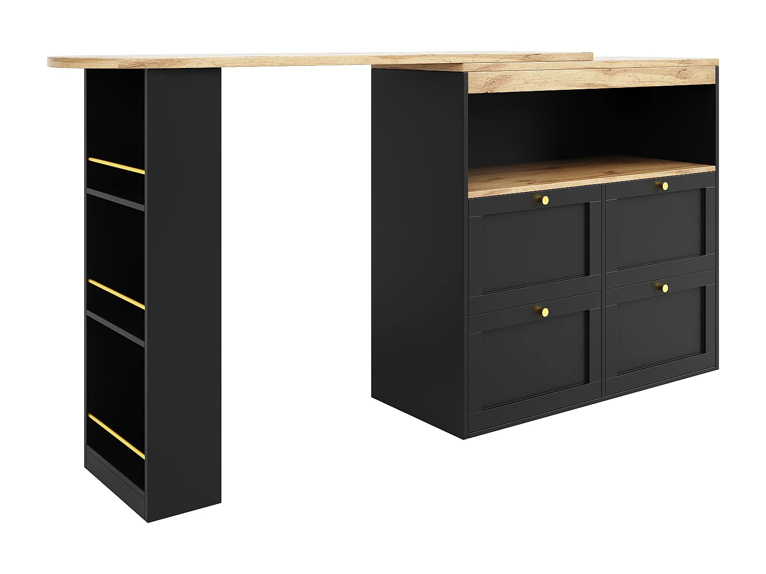 Sideboard, drehbarer und ausziehbarer Barschrank – 4 Schubladen und 4 Fächer – Schwarz
