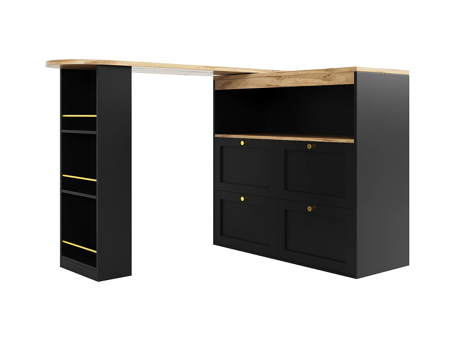 Sideboard, drehbarer und ausziehbarer Barschrank – 4 Schubladen und 4 Fächer – Schwarz