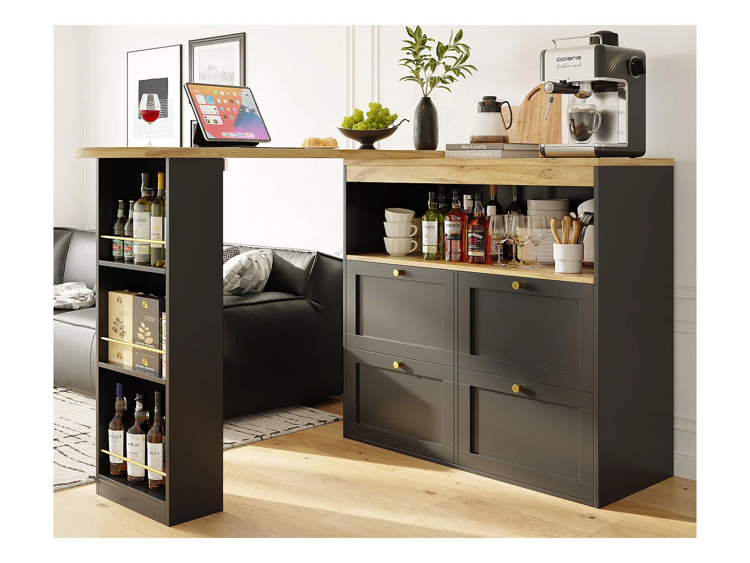 Buffet、Meuble de bar pivotant et escamotable - 4 tiroirs et 4 compartiments - Noir
