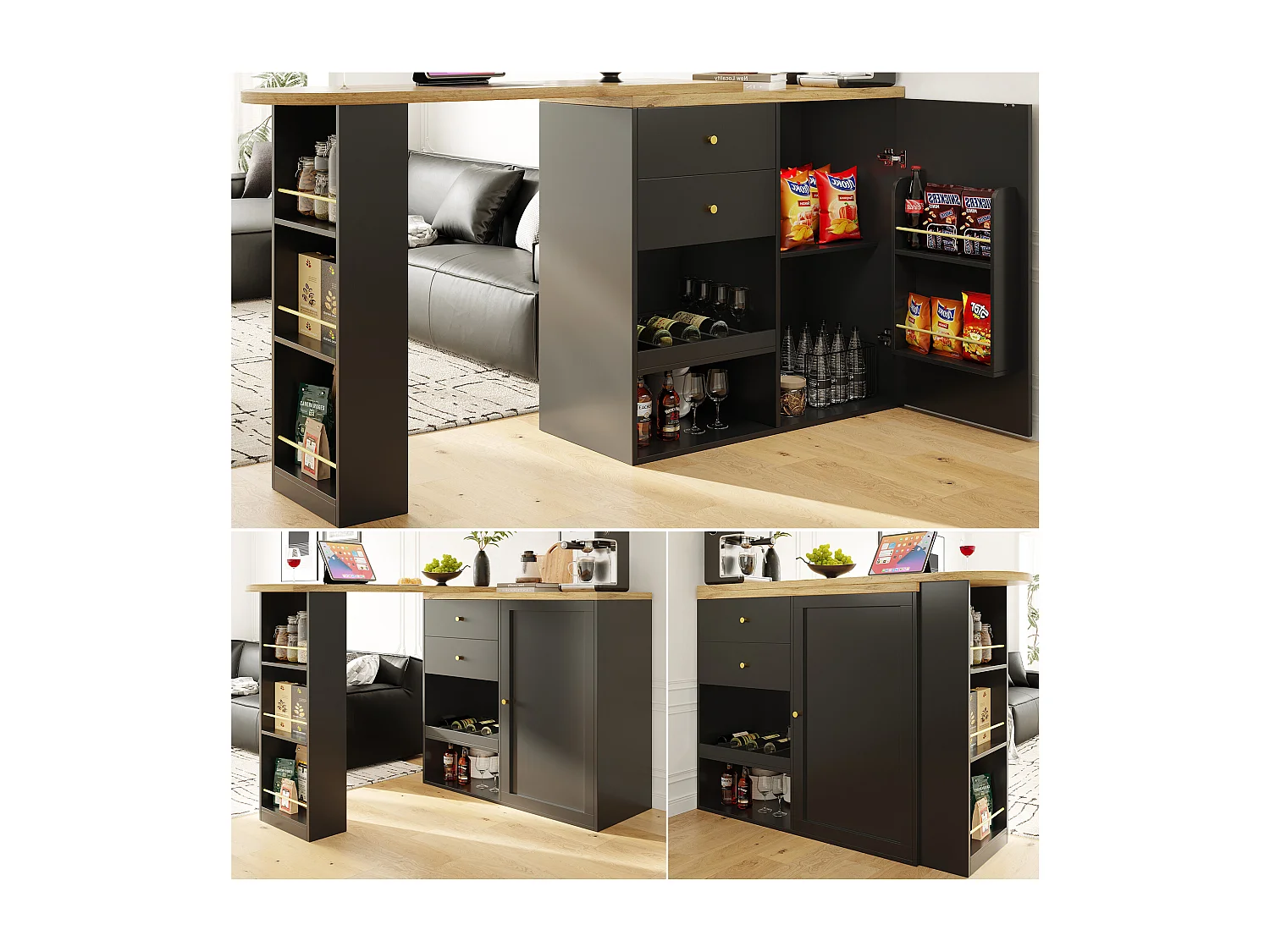 Aparador, Mueble bar giratorio y retráctil - 2 cajones y 6 compartimentos - Negro