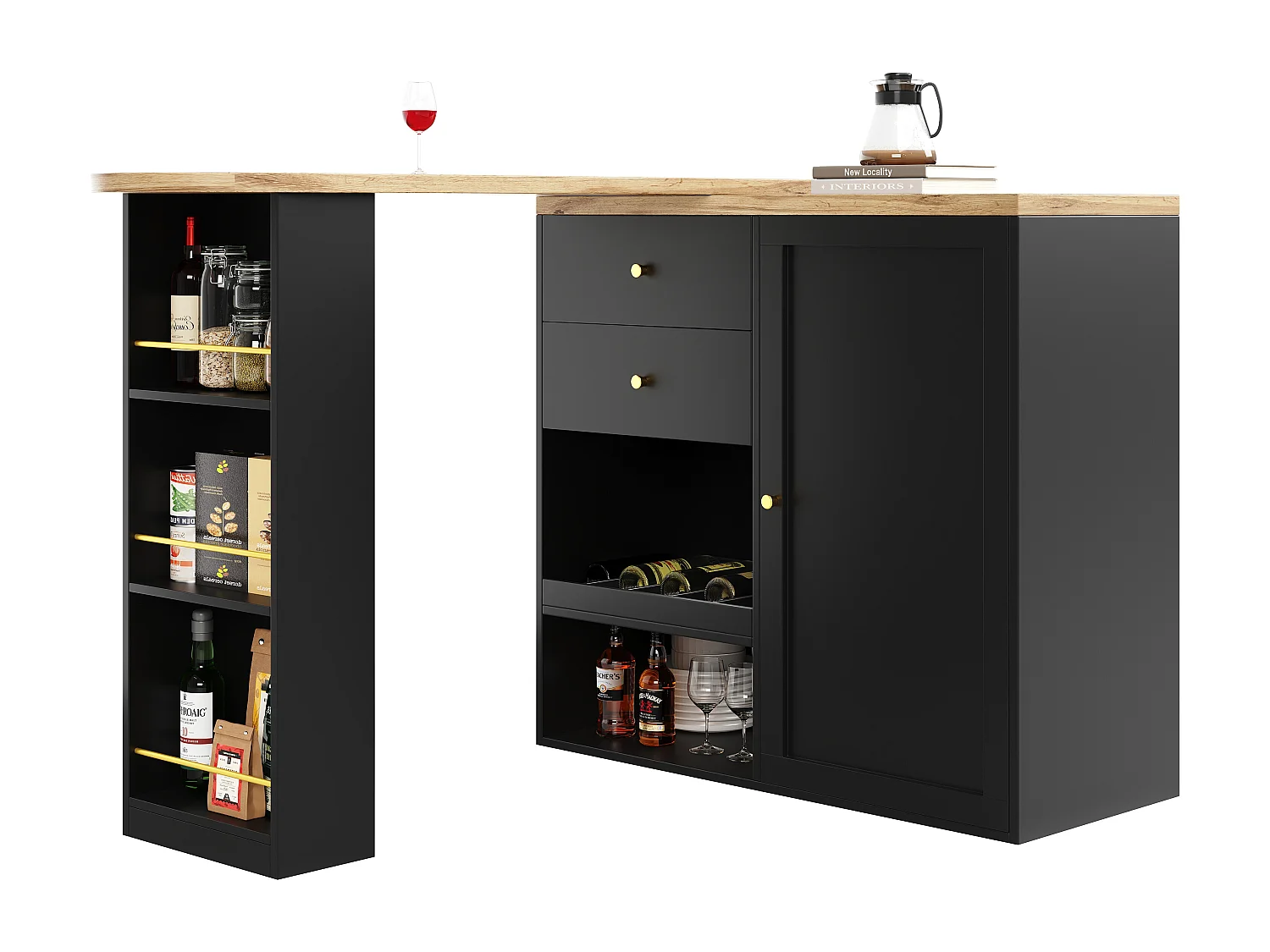 Aparador, Mueble bar giratorio y retráctil - 2 cajones y 6 compartimentos - Negro