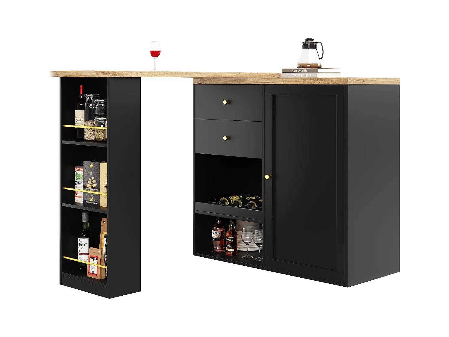 Aparador, Mueble bar giratorio y retráctil - 2 cajones y 6 compartimentos - Negro