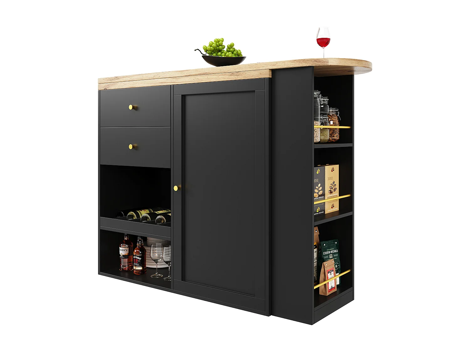 Aparador, Mueble bar giratorio y retráctil - 2 cajones y 6 compartimentos - Negro