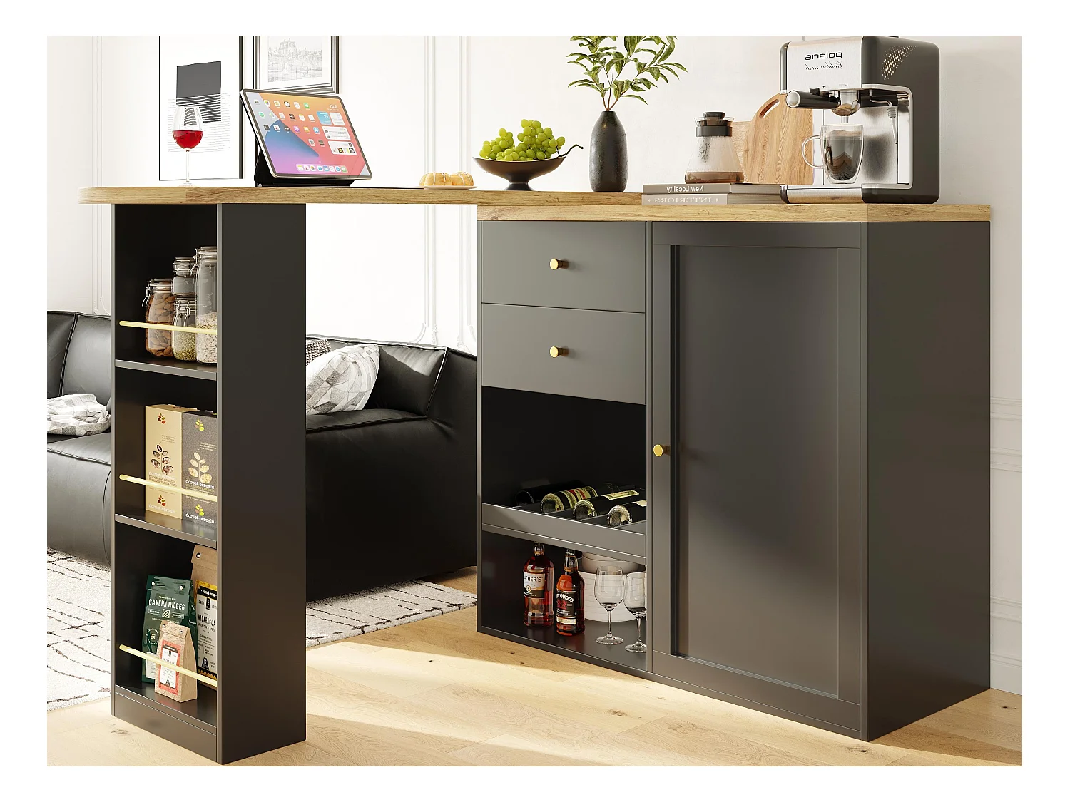 Buffet,Meuble de bar pivotant et escamotable - 2 tiroirs et 6 compartiments - Noir