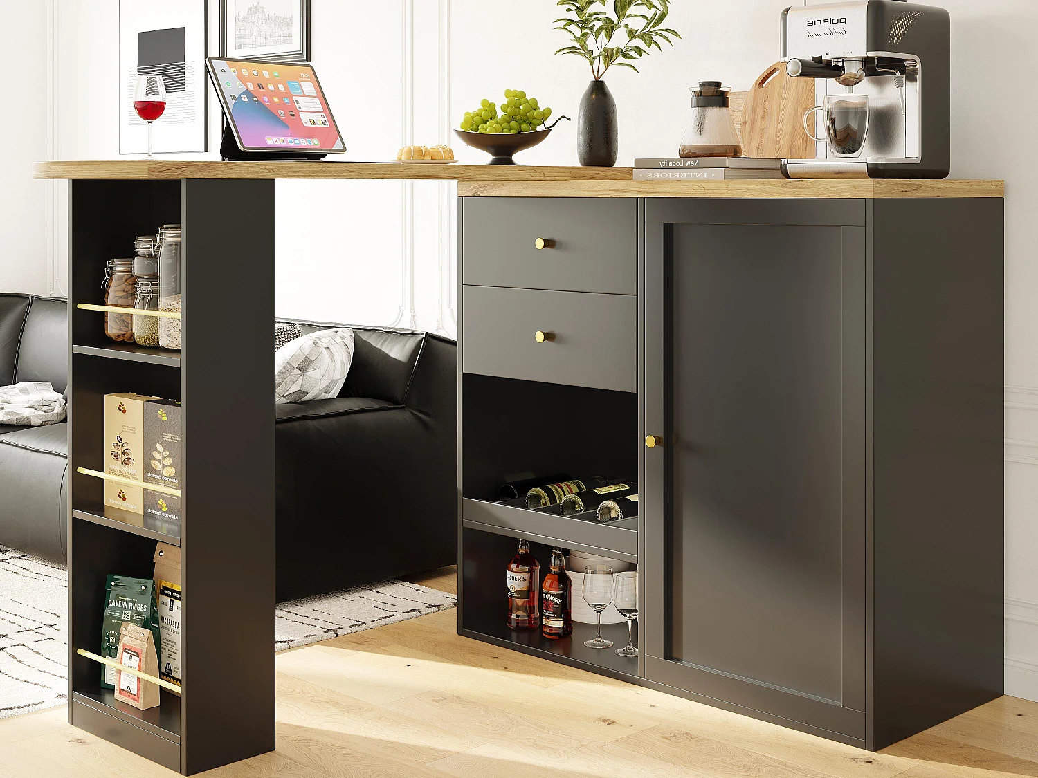 Sideboard, drehbarer und ausziehbarer Barschrank – 2 Schubladen und 6 Fächer – Schwarz