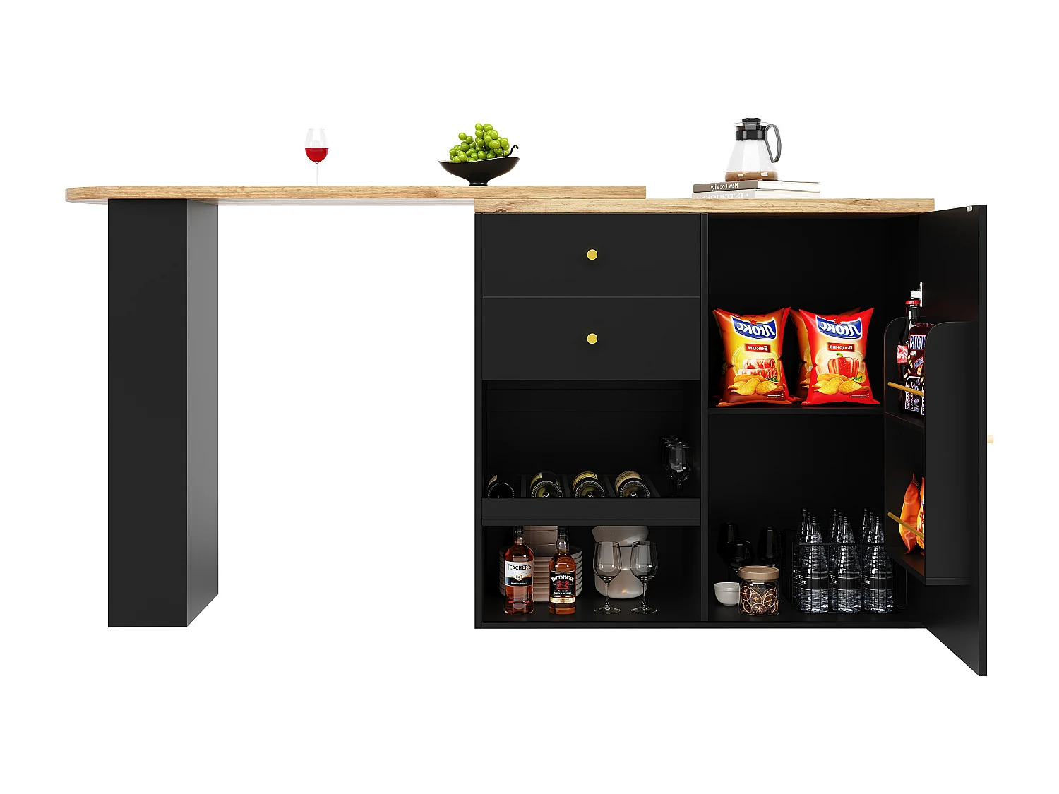 Sideboard, drehbarer und ausziehbarer Barschrank – 2 Schubladen und 6 Fächer – Schwarz