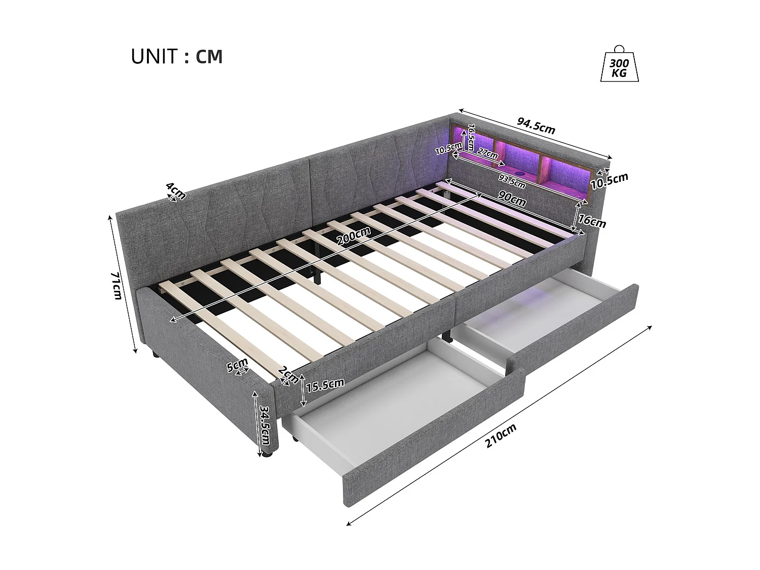 Lit banquette avec LED 90x200cm - avec 2 tiroirs et ports de cahrge - tissu en lin - Gris
