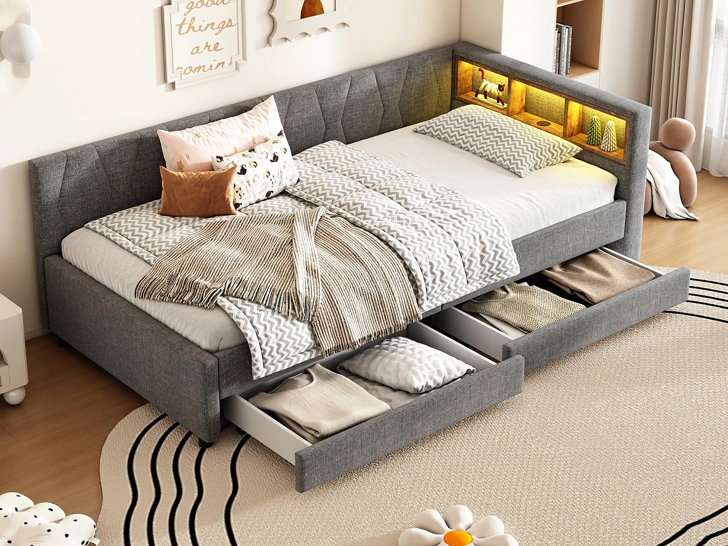 Tagesbett mit LED 90 x 200 cm – mit 2 Schubladen und Staufächern – Leinenstoff – Grau