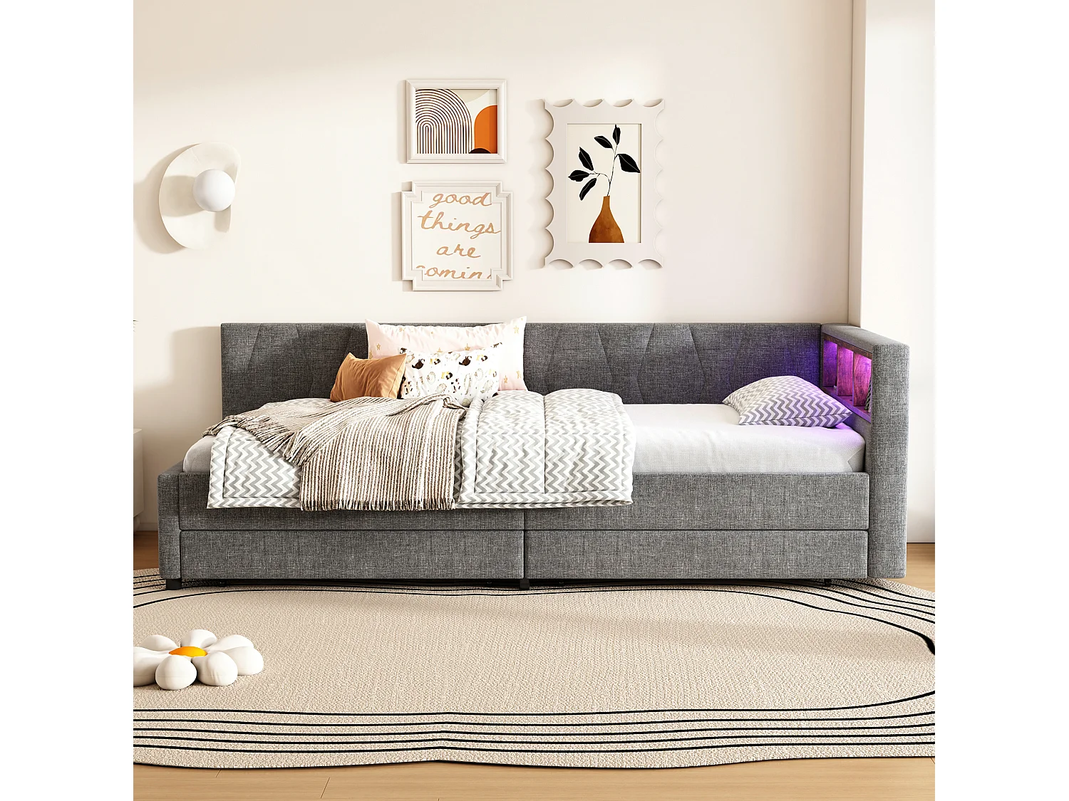 Tagesbett mit LED 90 x 200 cm – mit 2 Schubladen und Staufächern – Leinenstoff – Grau