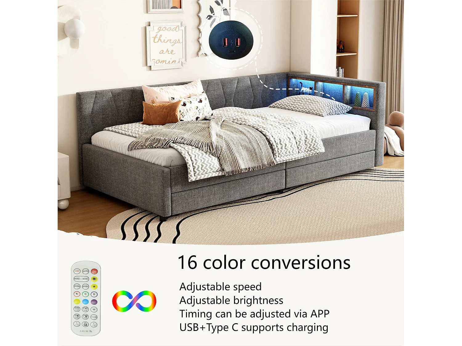 Tagesbett mit LED 90 x 200 cm – mit 2 Schubladen und Staufächern – Leinenstoff – Grau