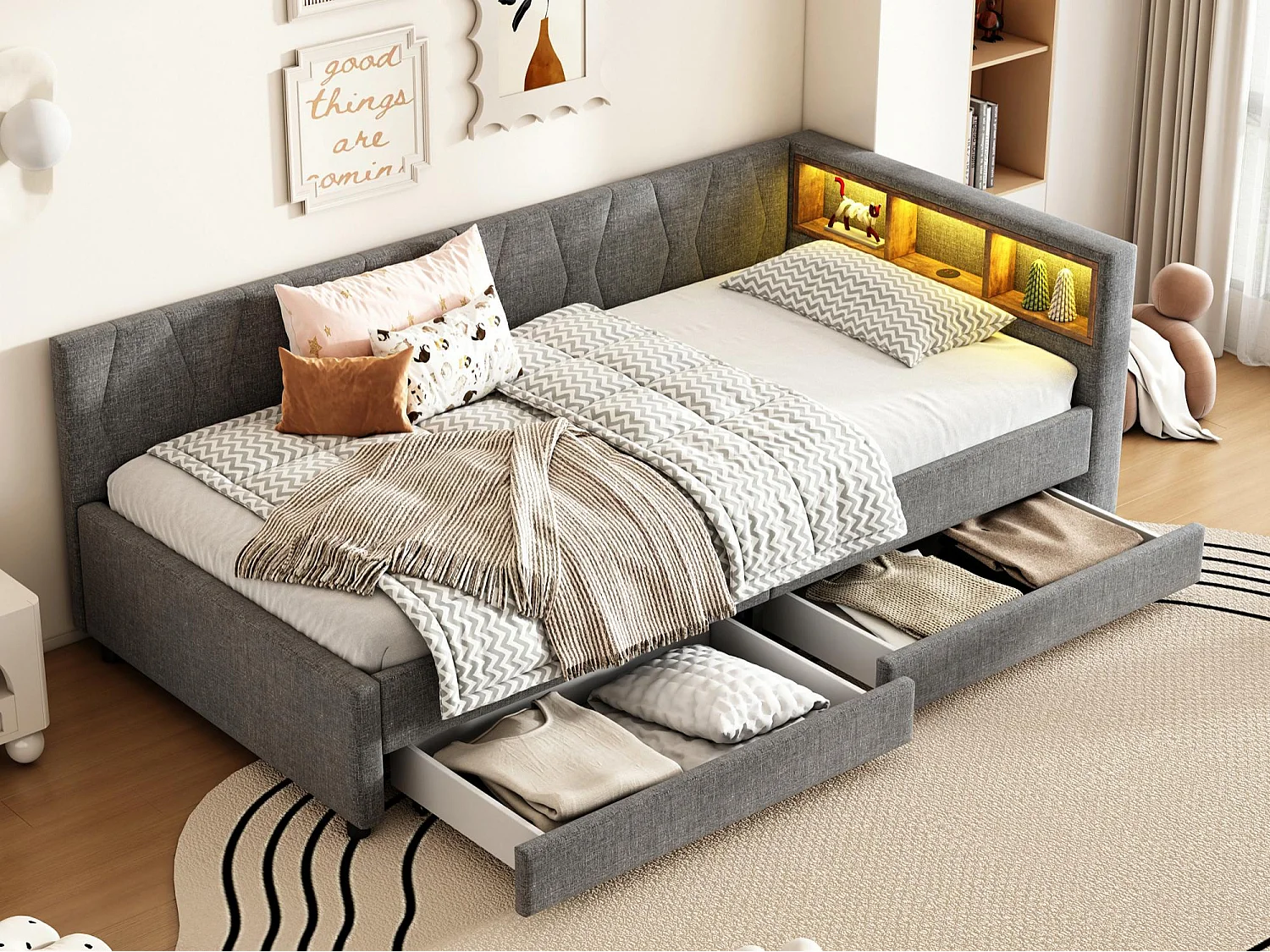Dagbed bed met LED 90x200cm - met 2 lades en opbergpoorten - linnen stof - Grijs