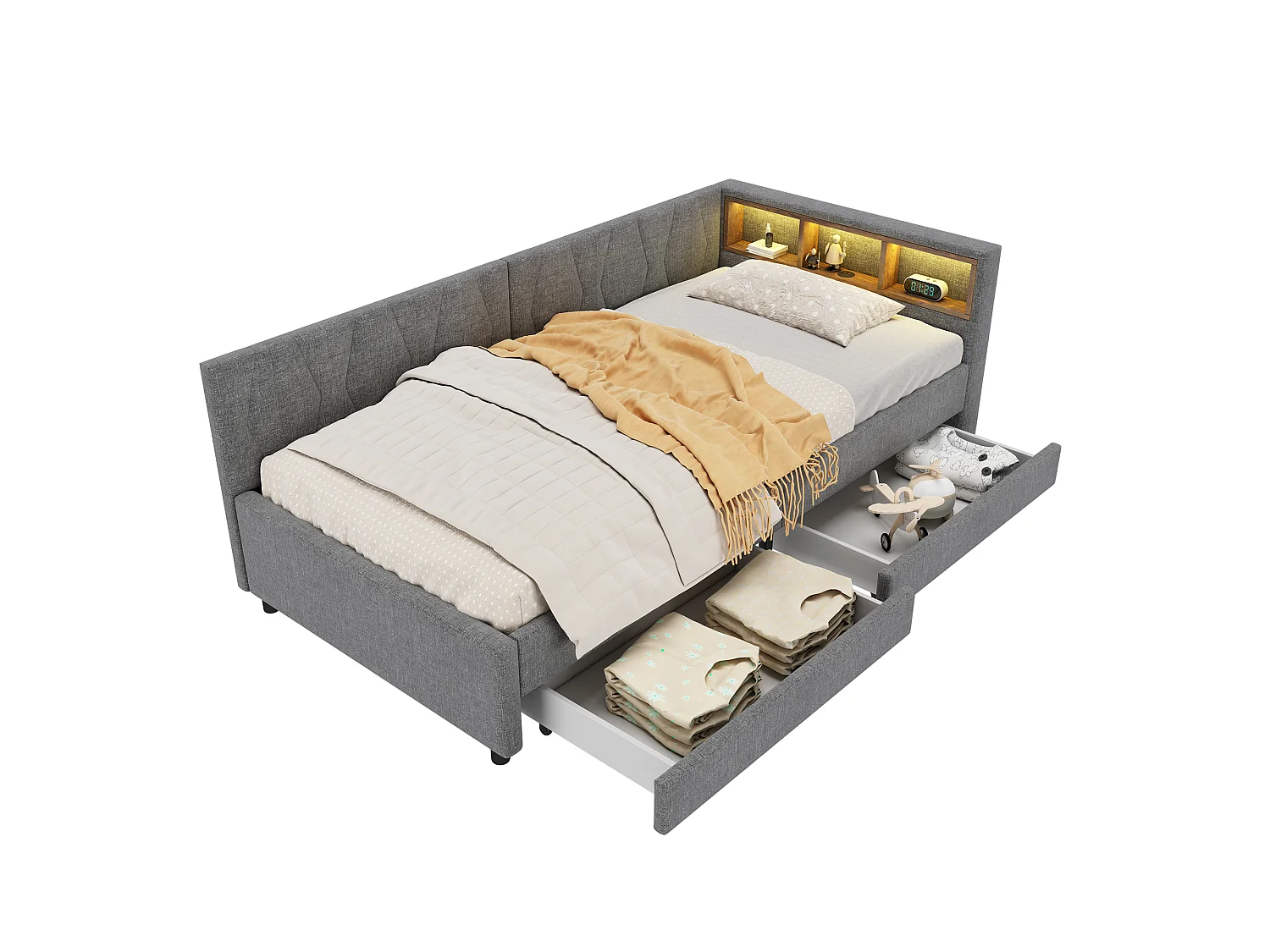 Dagbed bed met LED 90x200cm - met 2 lades en opbergpoorten - linnen stof - Grijs