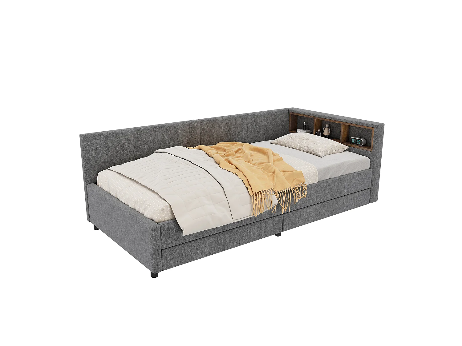 Dagbed bed met LED 90x200cm - met 2 lades en opbergpoorten - linnen stof - Grijs
