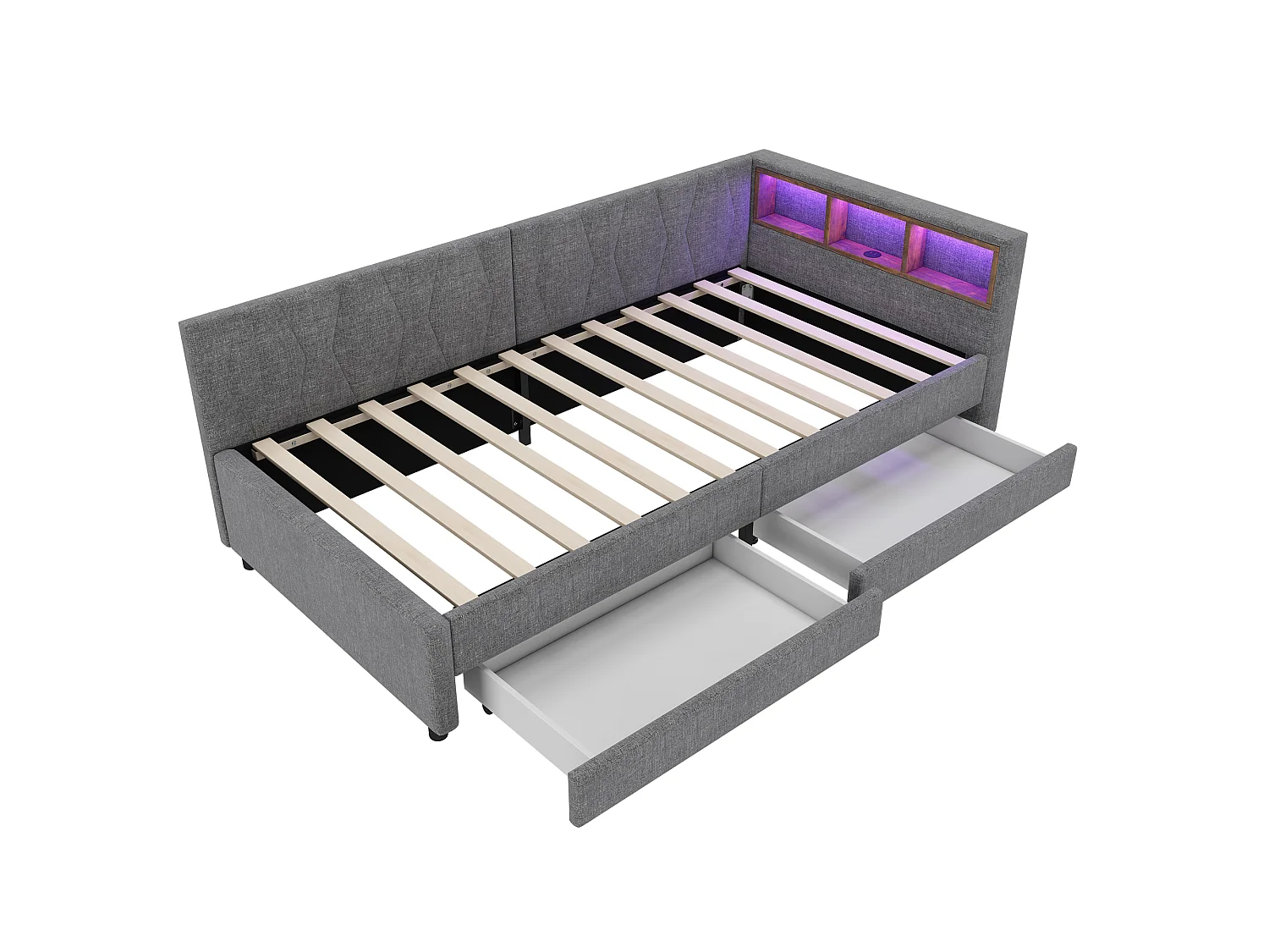 Dagbed bed met LED 90x200cm - met 2 lades en opbergpoorten - linnen stof - Grijs