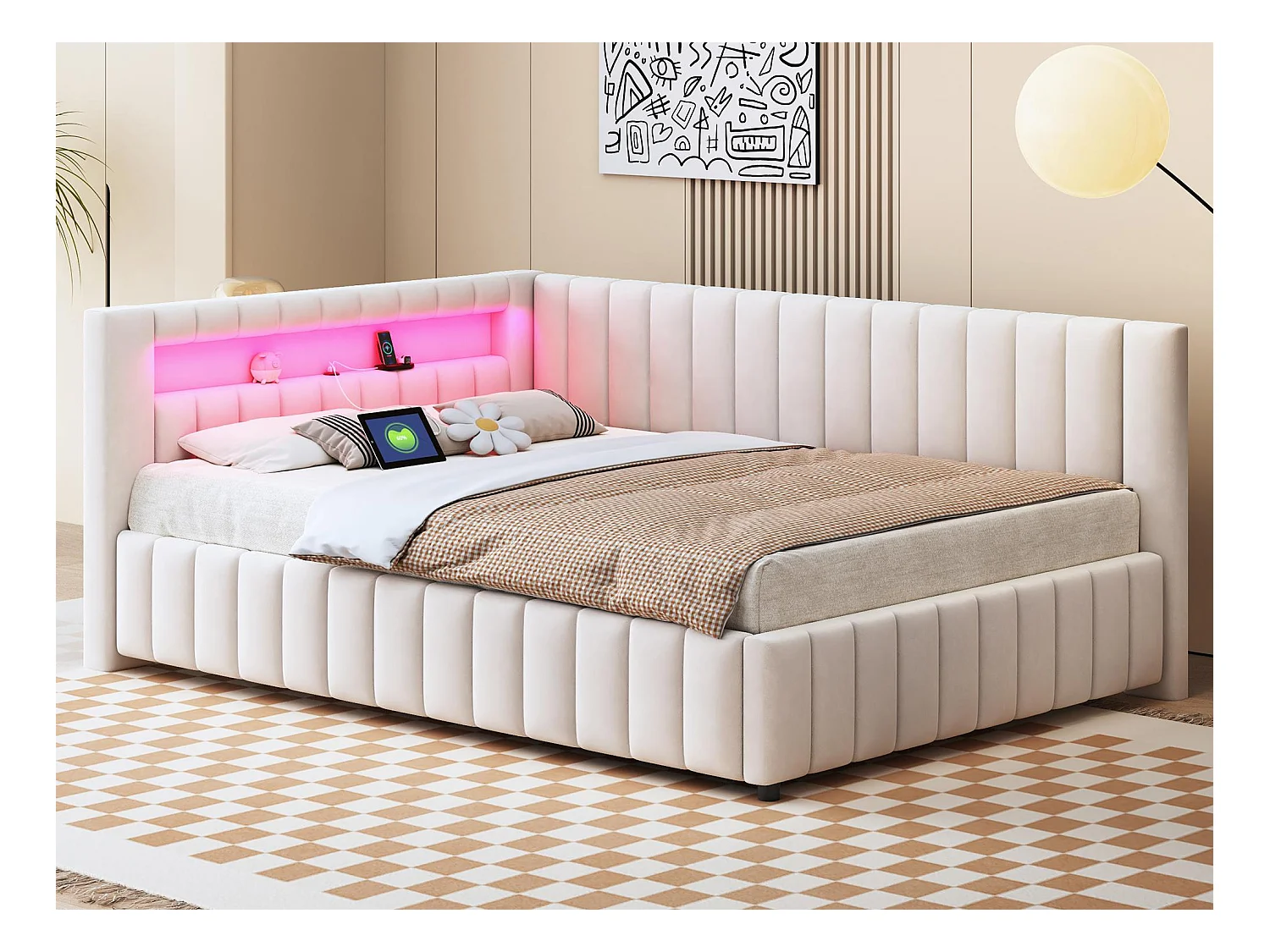 Lit banquette rembourré en velours - 140x200cm - avec éclairage LED et prise USB - Beige (matelas non inclus)