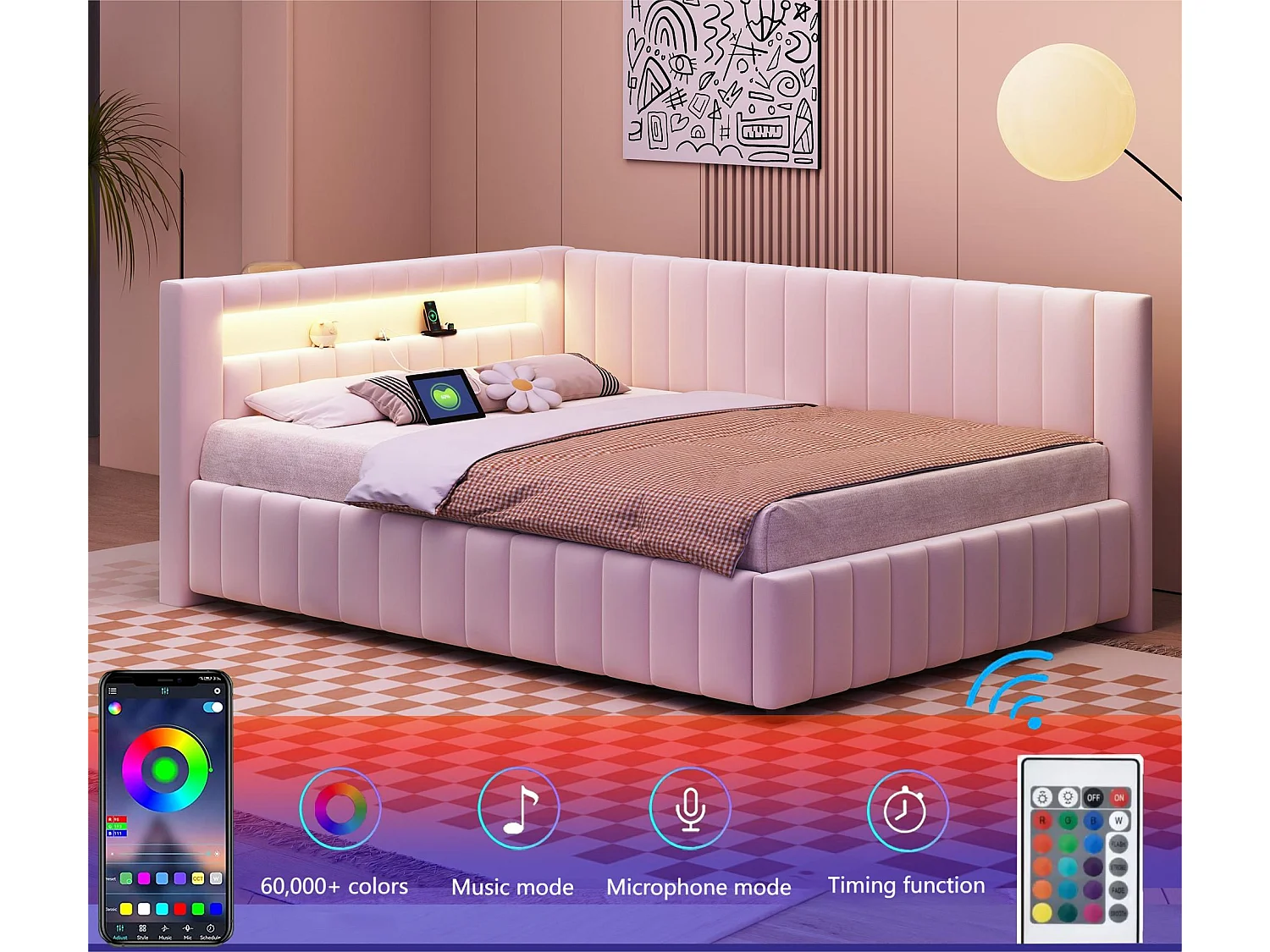 Fluweel gestoffeerd dagbed - 140x200cm - met LED-verlichting en USB-aansluiting - Beige (matras niet inbegrepen)