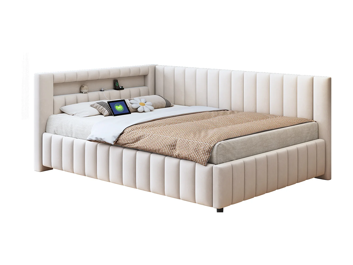 Fluweel gestoffeerd dagbed - 140x200cm - met LED-verlichting en USB-aansluiting - Beige (matras niet inbegrepen)