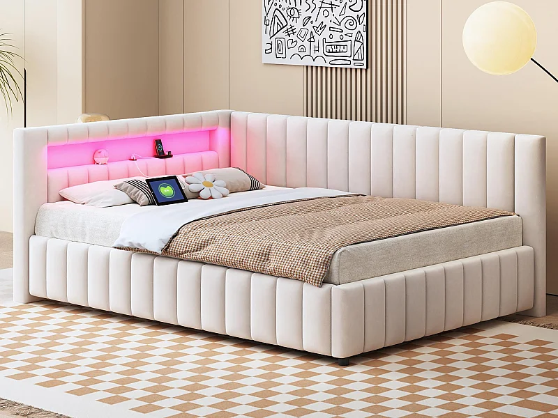 Fluweel gestoffeerd dagbed - 140x200cm - met LED-verlichting en USB-aansluiting - Beige (matras niet inbegrepen)