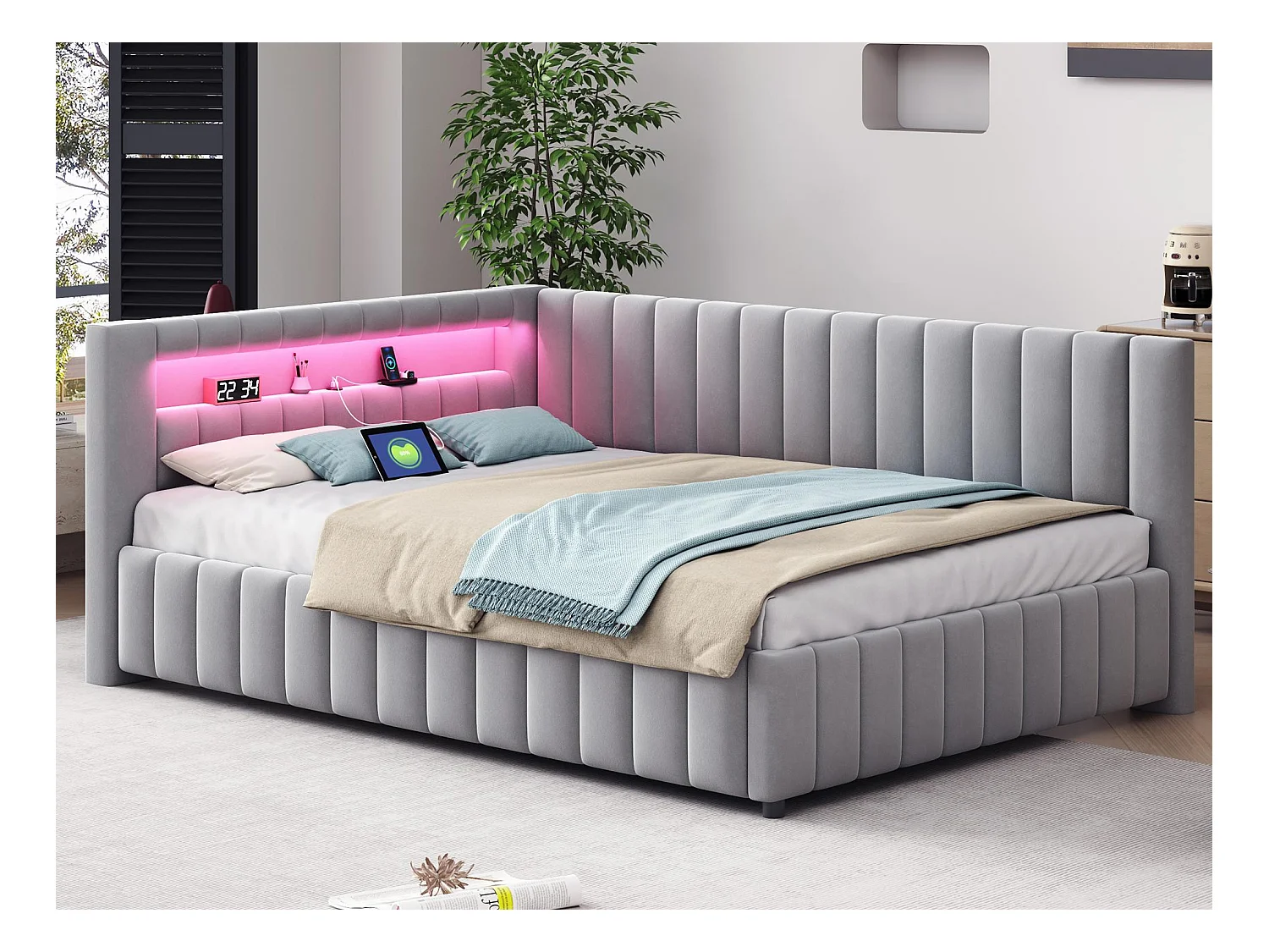 Lit banquette rembourré en velours - 140x200cm - avec éclairage LED et prise USB - Gris clair (matelas non inclus)