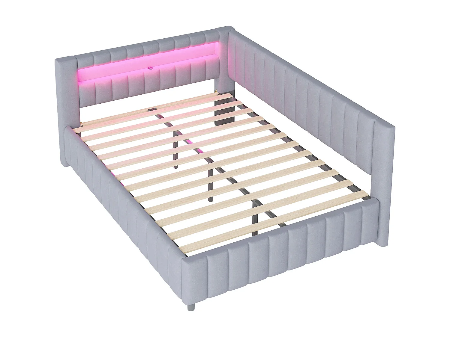 Fluweel gestoffeerd dagbed - 140x200cm - met LED-verlichting en USB-aansluiting - Lichtgrijs (matras niet inbegrepen)