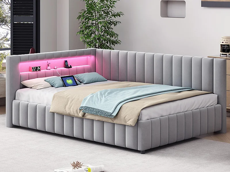 Lit banquette rembourré en velours - 140x200cm - avec éclairage LED et prise USB - Gris clair (matelas non inclus)