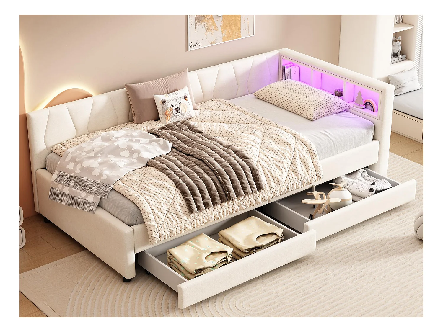 Lit banquette avec LED 90x200cm - avec 2 tiroirs et ports de cahrge - tissu en lin - Beige
