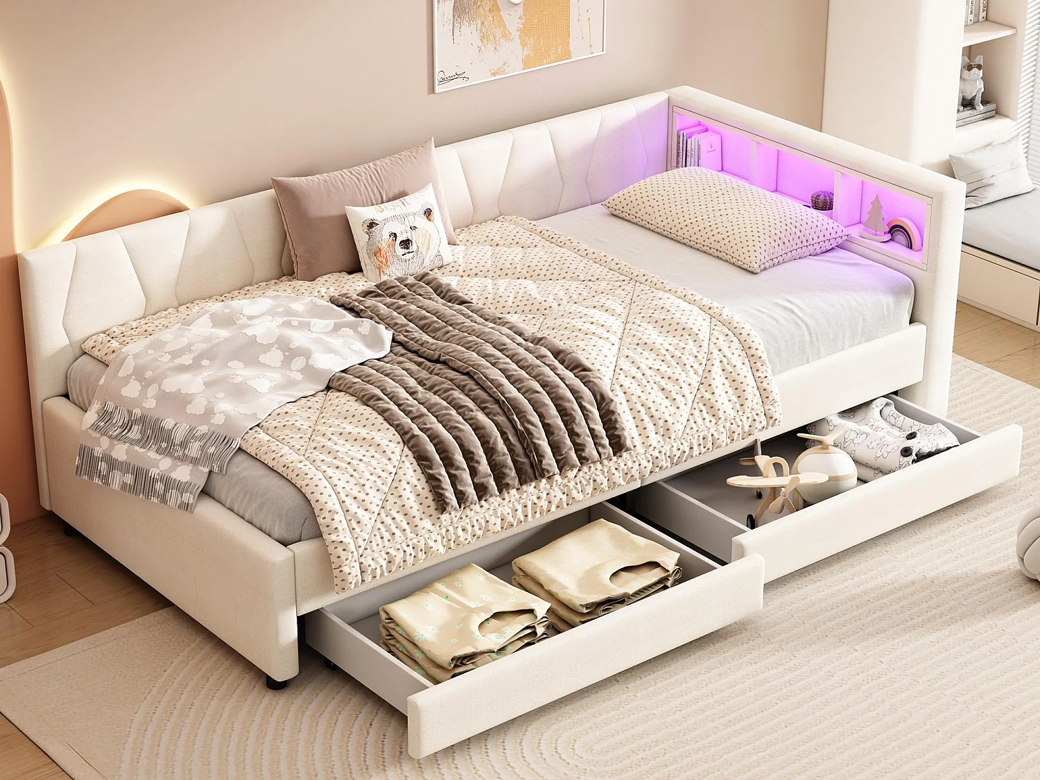 Lit banquette avec LED 90x200cm - avec 2 tiroirs et ports de cahrge - tissu en lin - Beige