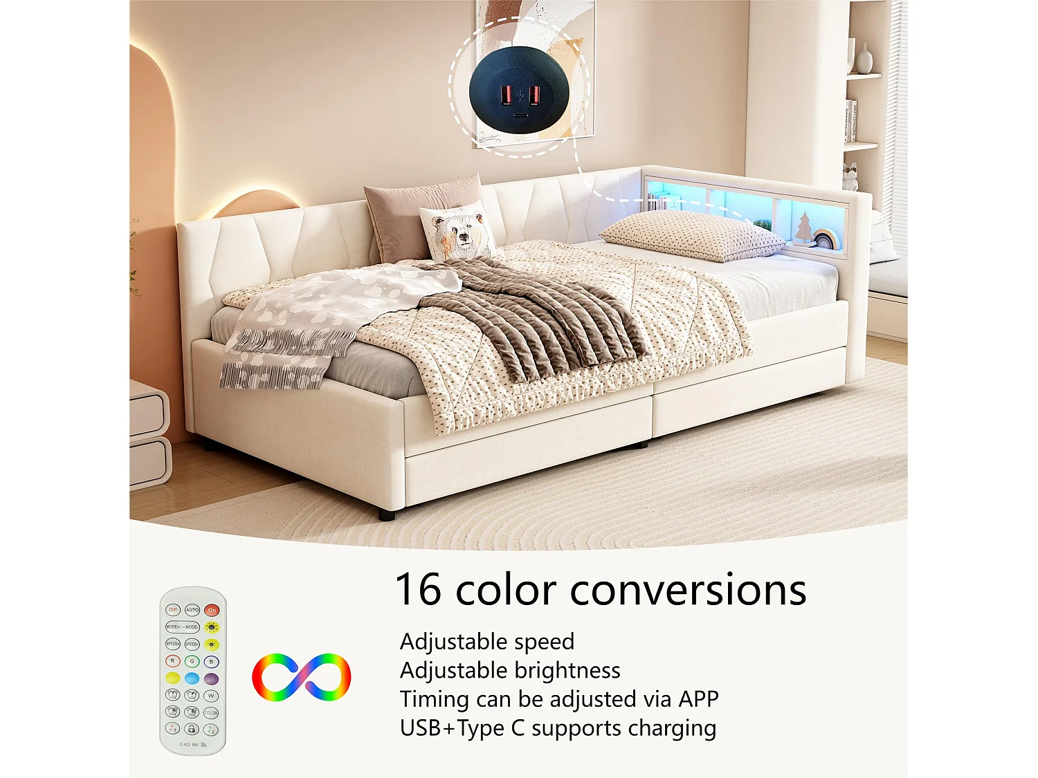 Lit banquette avec LED 90x200cm - avec 2 tiroirs et ports de cahrge - tissu en lin - Beige