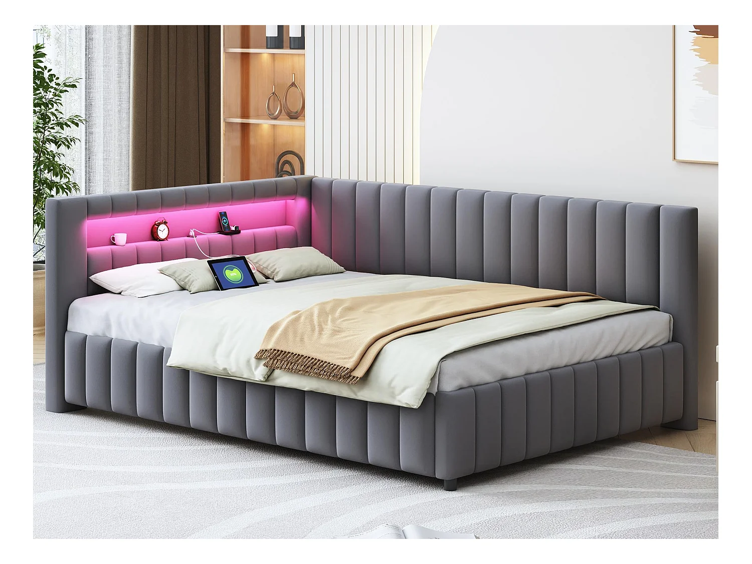 Lit banquette rembourré en velours - 140x200cm - avec éclairage LED et prise USB - Gris (matelas non inclus)