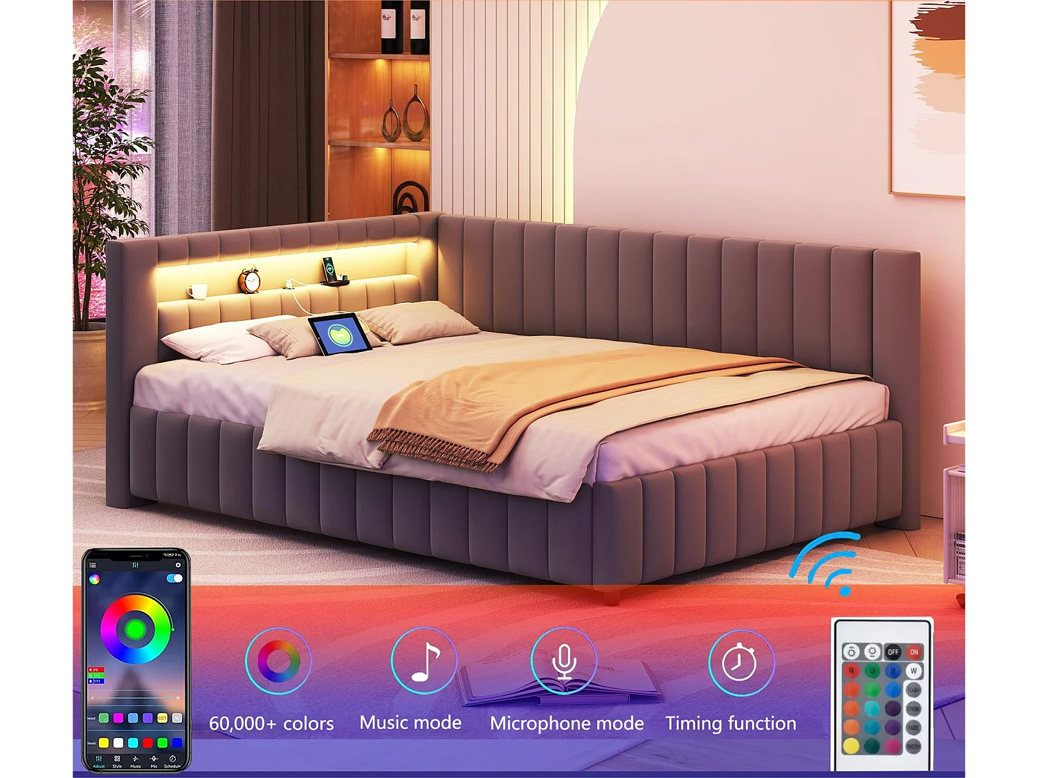 Fluwelen gestoffeerde slaapbank - 140x200cm - met LED-verlichting en USB-aansluiting - Grijs (matras niet inbegrepen)