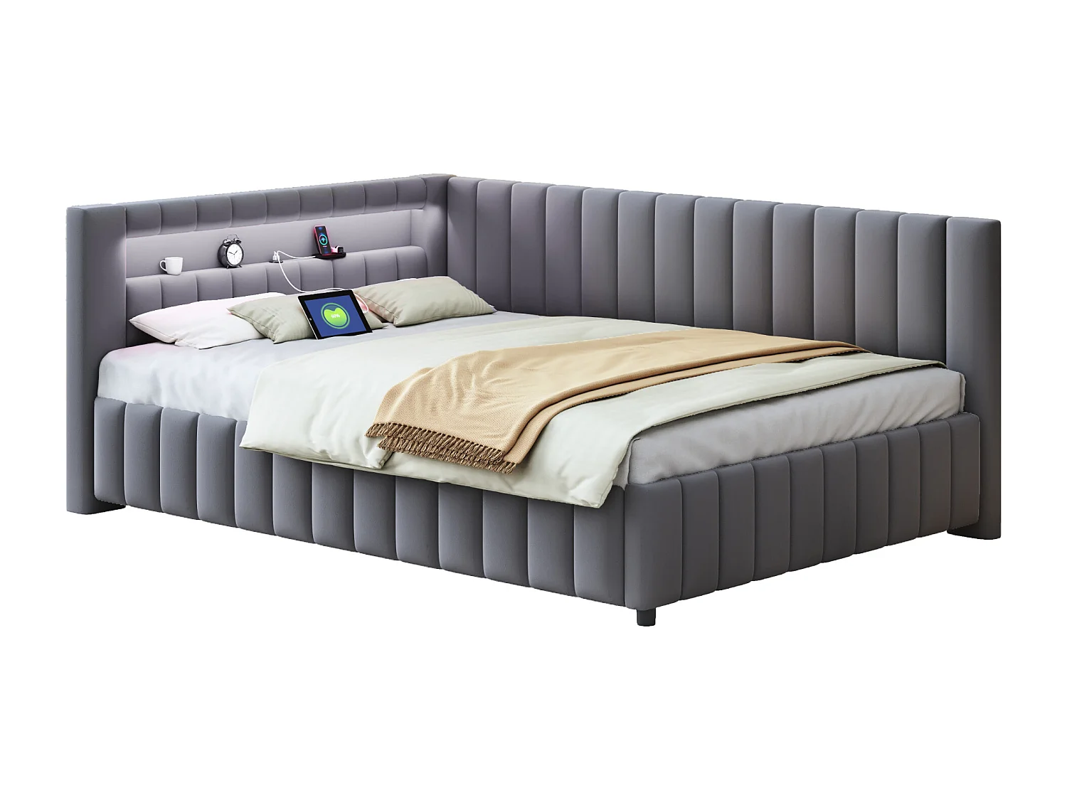 Fluwelen gestoffeerde slaapbank - 140x200cm - met LED-verlichting en USB-aansluiting - Grijs (matras niet inbegrepen)