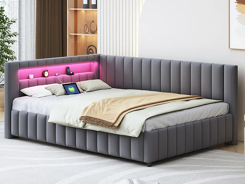 Fluwelen gestoffeerde slaapbank - 140x200cm - met LED-verlichting en USB-aansluiting - Grijs (matras niet inbegrepen)
