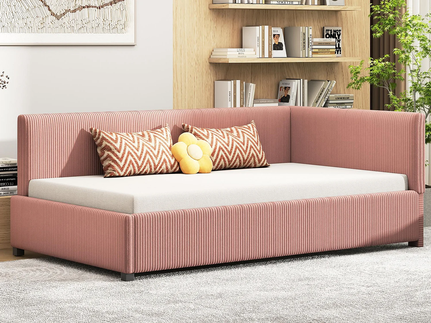 Lit banquette capitonné 90x200cm en velours - avec sommier à lattes - Rose