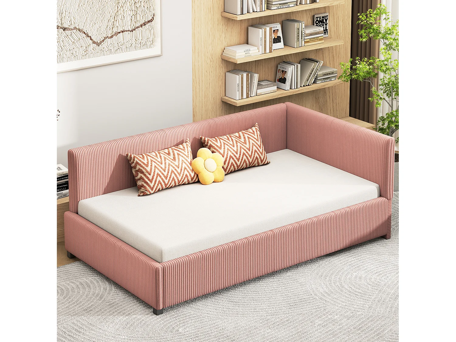 Lit banquette capitonné 90x200cm en velours - avec sommier à lattes - Rose