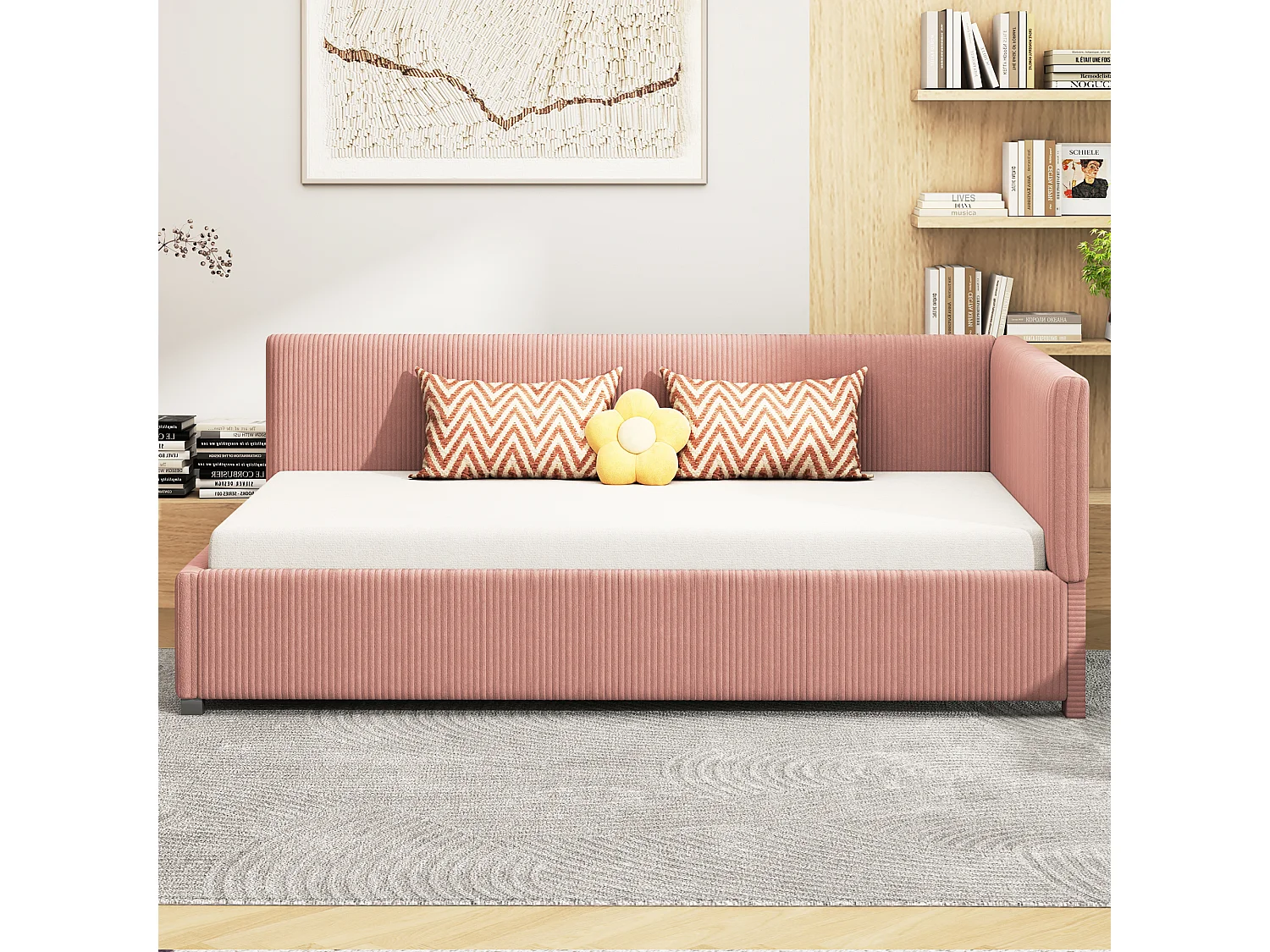 Lit banquette capitonné 90x200cm en velours - avec sommier à lattes - Rose