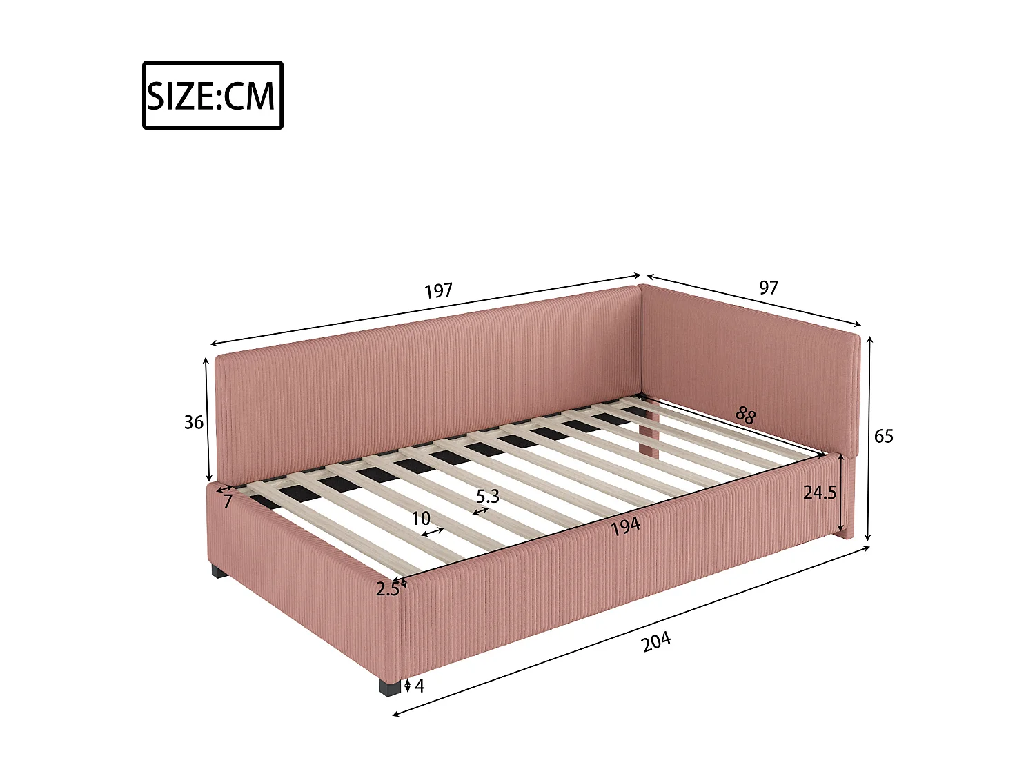 Lit banquette capitonné 90x200cm en velours - avec sommier à lattes - Rose