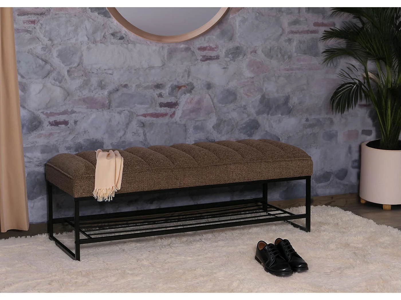 Panca MCW-N68 con scarpiera, panca imbottita armadio scarpiera, tessuto ciniglia metallo 130cm ~ marrone