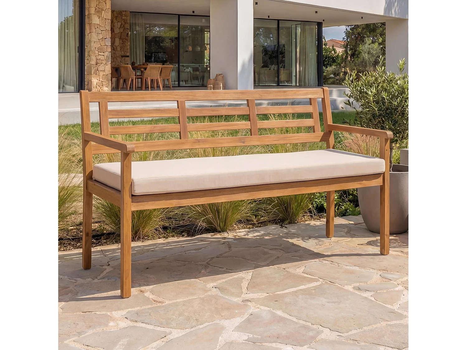 Banc de jardin MCW-N47,  coussin crème-beige