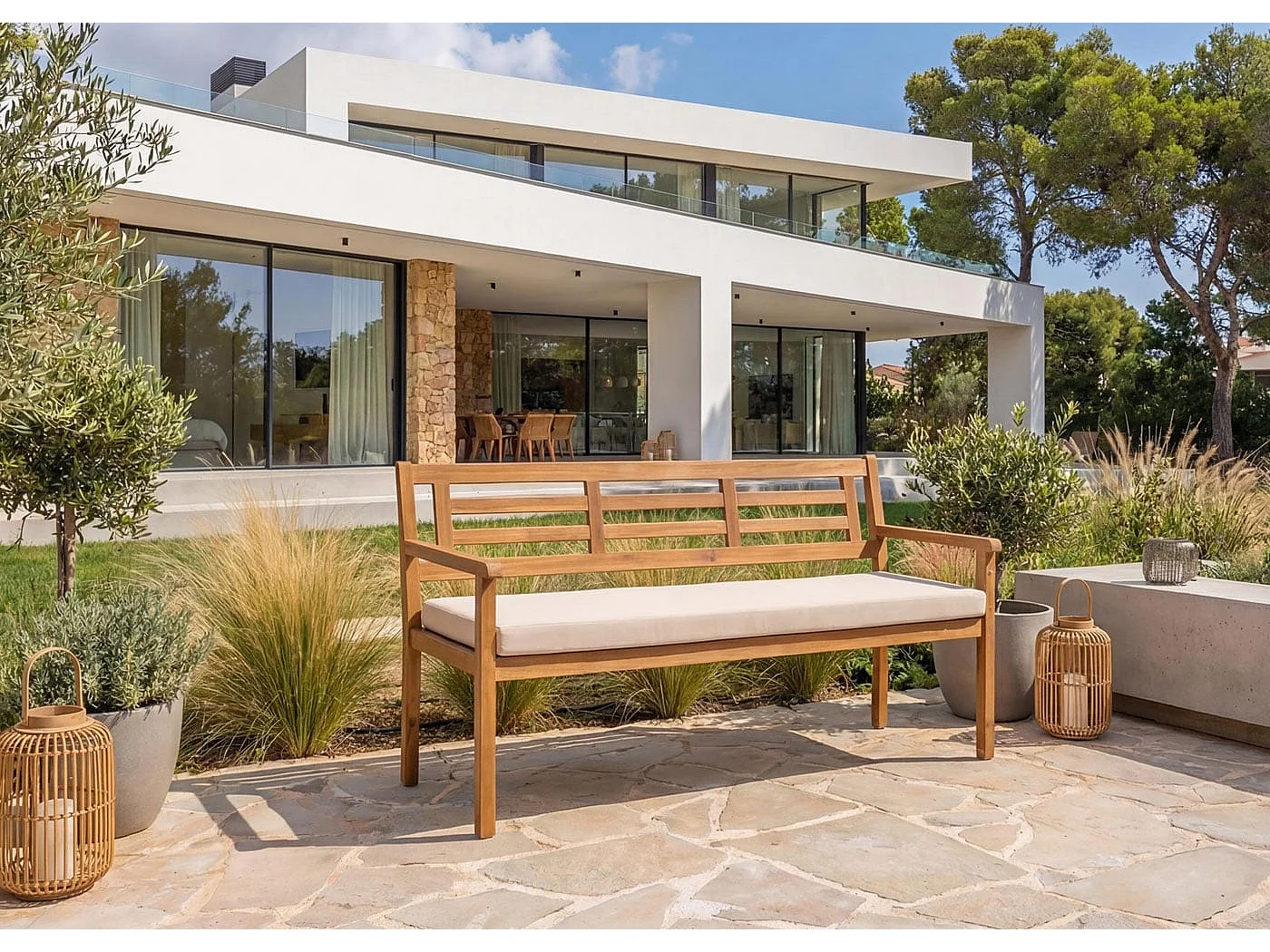 Banc de jardin MCW-N47,  coussin crème-beige