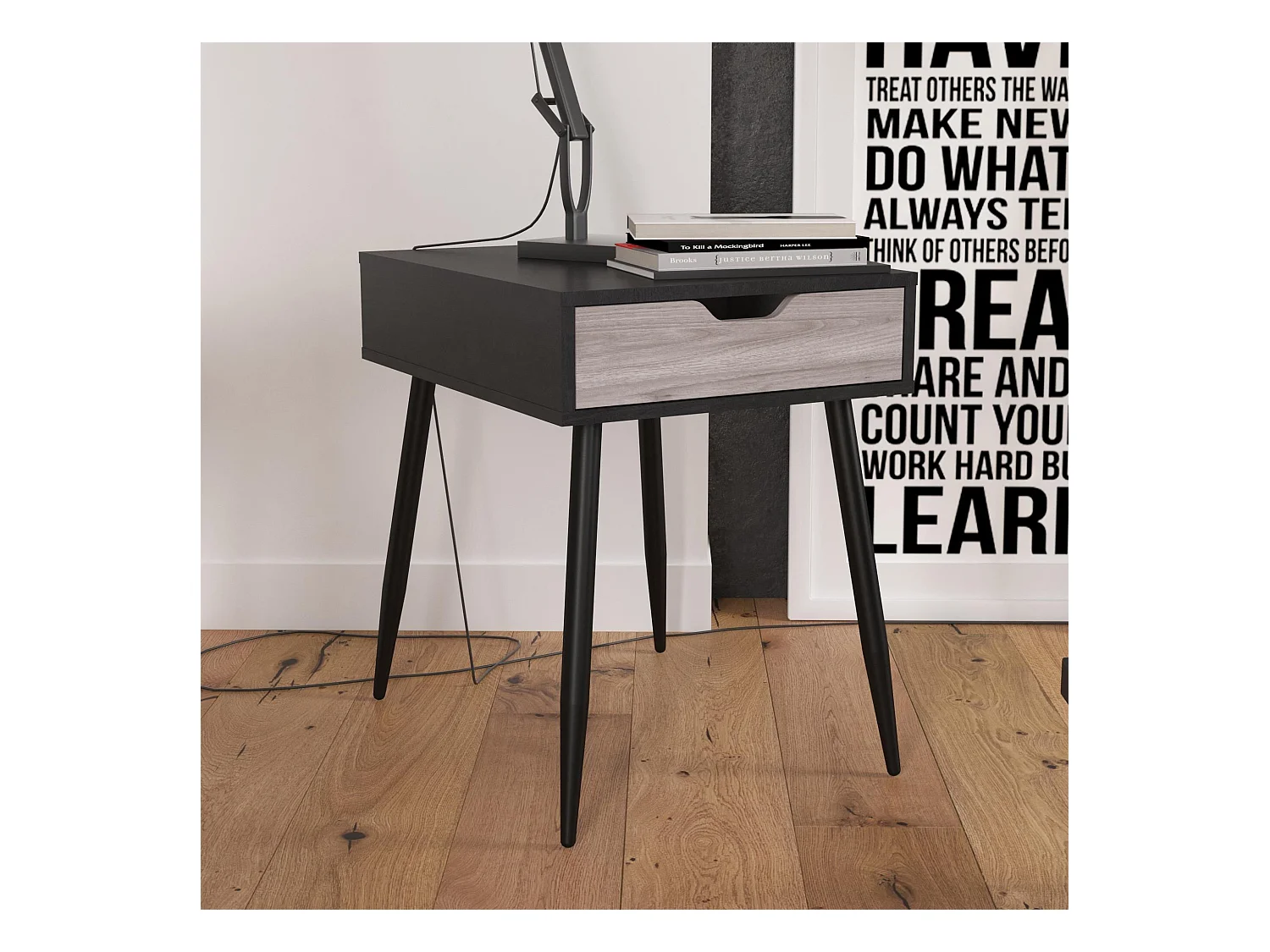 Copley | Bijzettafel met 1 lade in effet eiken zwart